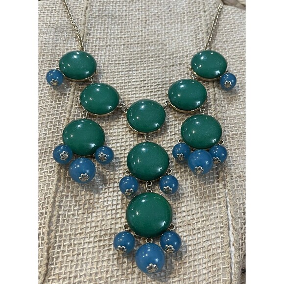 Gold Tone Teal & Turquoise Colored Bubble Bead Bib 25” Necklace Statement - Picture 3 of 8